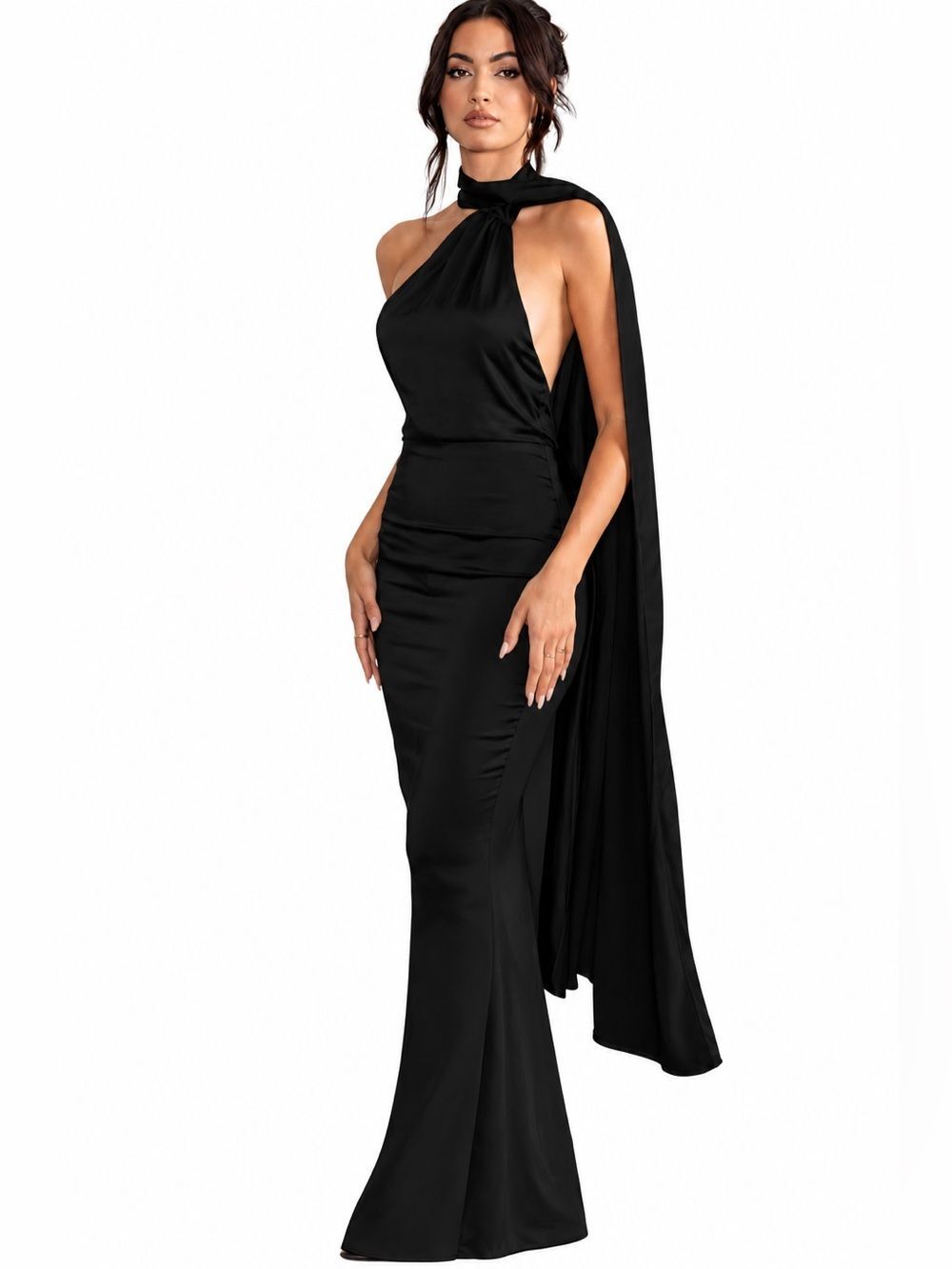 NWT CLUB L London Mademoiselle Black Satin Asymmetric Scarf Neck Maxi Dress
